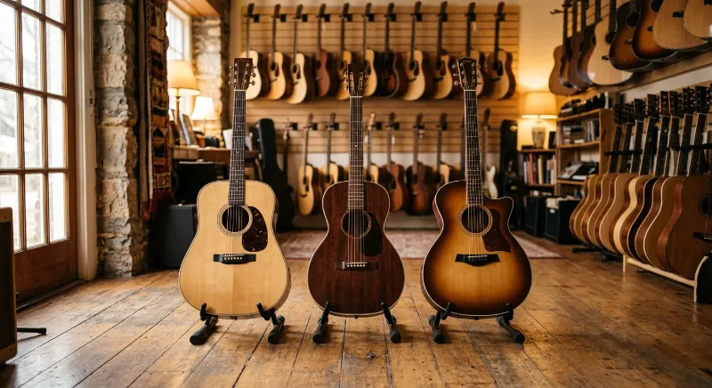 Trois guitares folk de formats differents — dreadnought, parlor et auditorium — exposees dans un magasin de musique chaleureux
