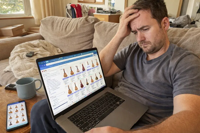 Un homme perplexe devant son ecran, submerge par les resultats de recherche de ukuleles en ligne