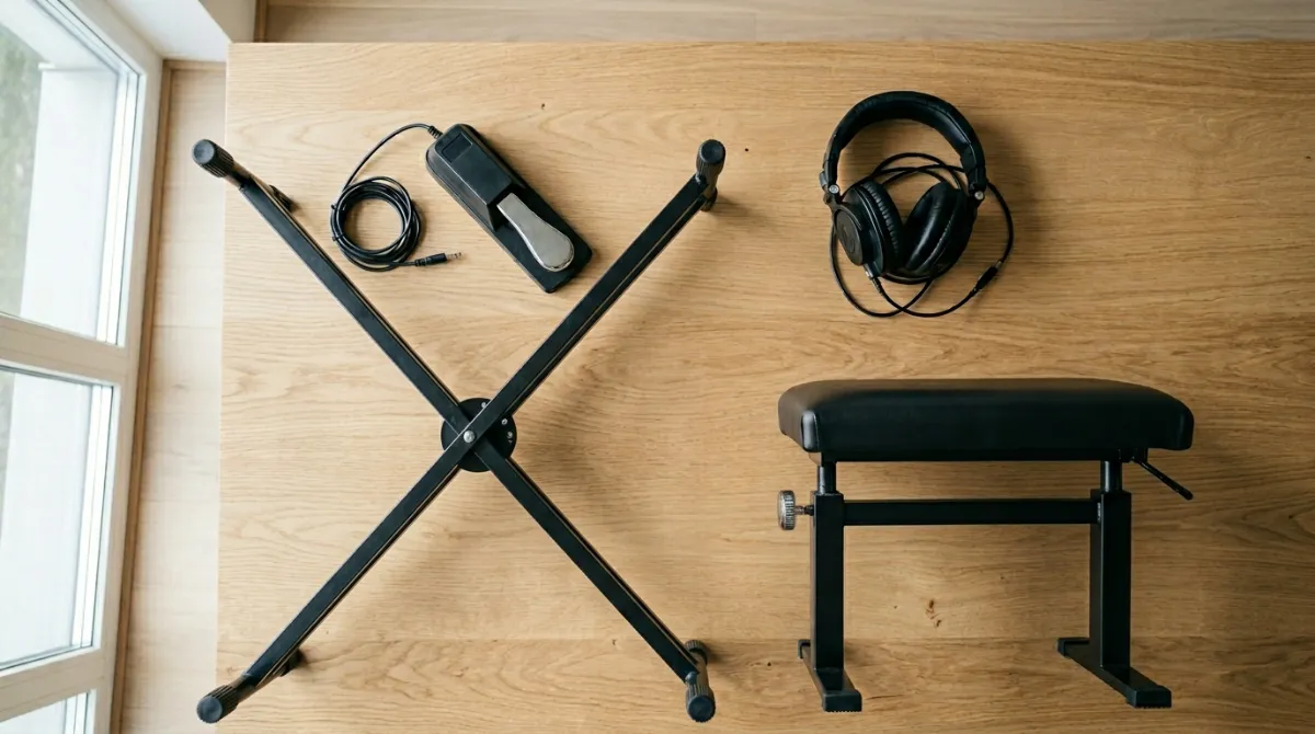 Accessoires pour piano numerique : pedale de sustain, casque audio, stand double-X et banquette reglable