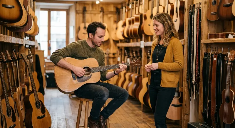 Un homme assis joue une guitare folk dans un magasin de musique pendant qu'une femme ecoute attentivement le son — le meilleur test avant d'acheter
