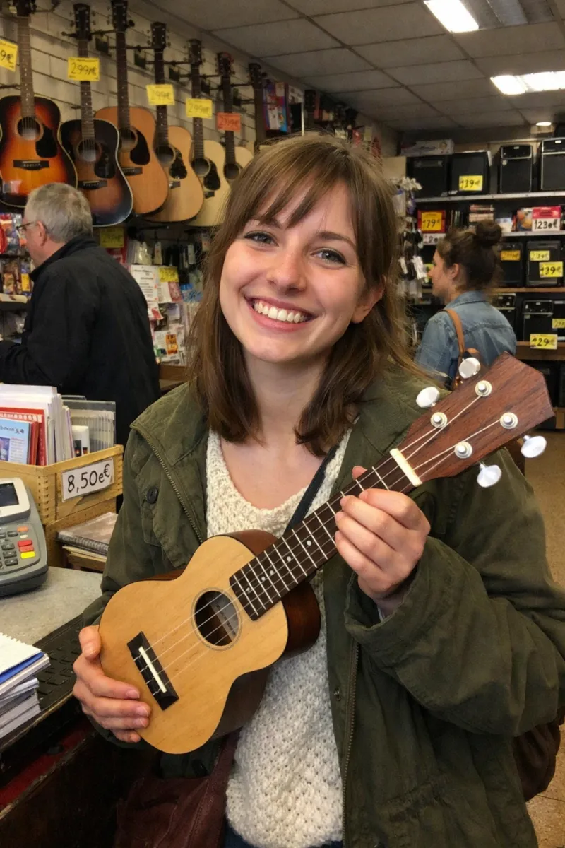 Une jeune femme souriante essayant un ukulele dans un magasin de musique