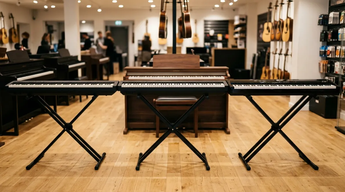 Plusieurs pianos numeriques de differentes gammes exposes dans un magasin de musique, du portable compact au piano meuble premium