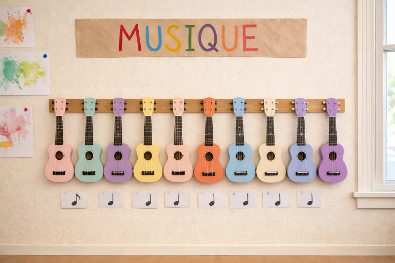 Une rangee de ukuleles colores